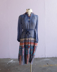 1970's Sheer Boho Blue floral long sleeve dress