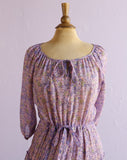 1970's Violet floral pleated sheer dress with keyhole tie