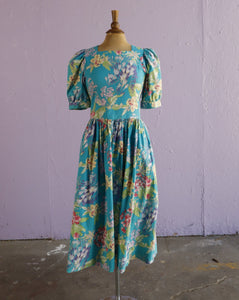 1990's Laura Ashley teal blue floral dress