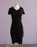 Y2K Black jersey knit body con dress with red lip side buttons