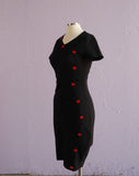 Y2K Black jersey knit body con dress with red lip side buttons
