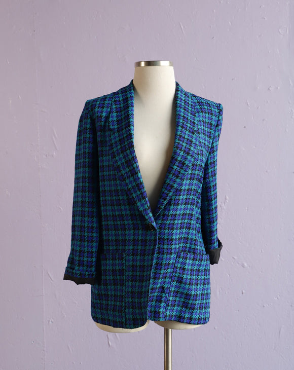 1990's Turquoise & Black hounds tooth blazer jacket