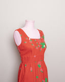 1970's Malia Red sleeveless midi dress with a strawberry & apple print with pockets