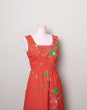 1970's Malia Red sleeveless midi dress with a strawberry & apple print with pockets