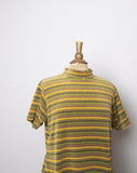 1990's Mustard, Forest Green velour short sleeve striped mock turtleneck top