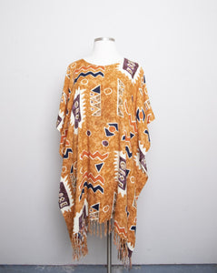 1990's Sandstone, Rust & ivory abstract printed mini caftan dress with a fringe hem