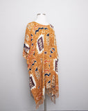 1990's Sandstone, Rust & ivory abstract printed mini caftan dress with a fringe hem