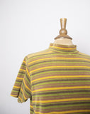 1990's Mustard, Forest Green velour short sleeve striped mock turtleneck top