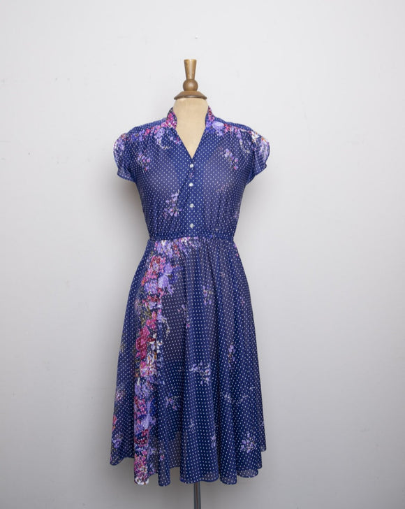 1970's Navy blue sheer polka dot dress with pink & violet florals