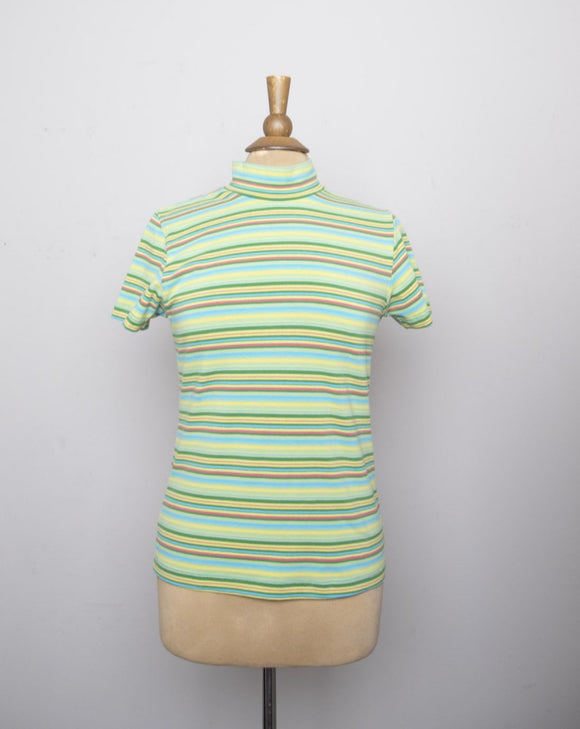 1990's-Y2K Lime green, Turquoise & Orange striped short sleeve mock turtleneck tee
