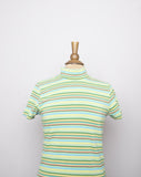 1990's-Y2K Lime green, Turquoise & Orange striped short sleeve mock turtleneck tee