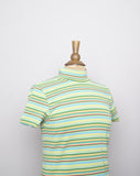 1990's-Y2K Lime green, Turquoise & Orange striped short sleeve mock turtleneck tee