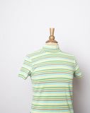 1990's-Y2K Lime green, Turquoise & Orange striped short sleeve mock turtleneck tee