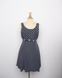 1990's Black & white polka dot sleeveless mini dress with small flower appliques