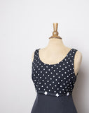 1990's Black & white polka dot sleeveless mini dress with small flower appliques