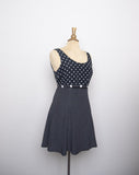 1990's Black & white polka dot sleeveless mini dress with small flower appliques