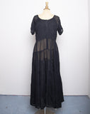 1980-90's Bila Black witchy boho sheer short sleeve dress with floral scrorll stiched embroidered flowers & swirls