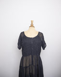 1980-90's Bila Black witchy boho sheer short sleeve dress with floral scrorll stiched embroidered flowers & swirls