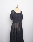 1980-90's Bila Black witchy boho sheer short sleeve dress with floral scrorll stiched embroidered flowers & swirls