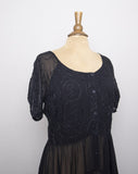 1980-90's Bila Black witchy boho sheer short sleeve dress with floral scrorll stiched embroidered flowers & swirls