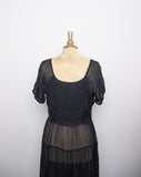 1980-90's Bila Black witchy boho sheer short sleeve dress with floral scrorll stiched embroidered flowers & swirls