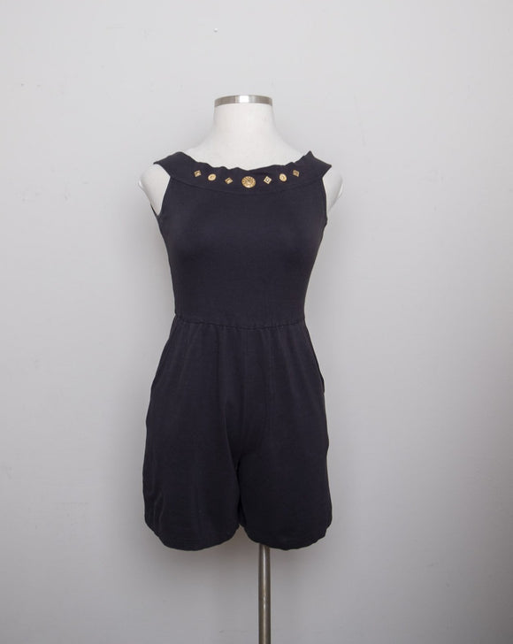 1980-90's Black off the shoulder romper with gold button appliques and pockets