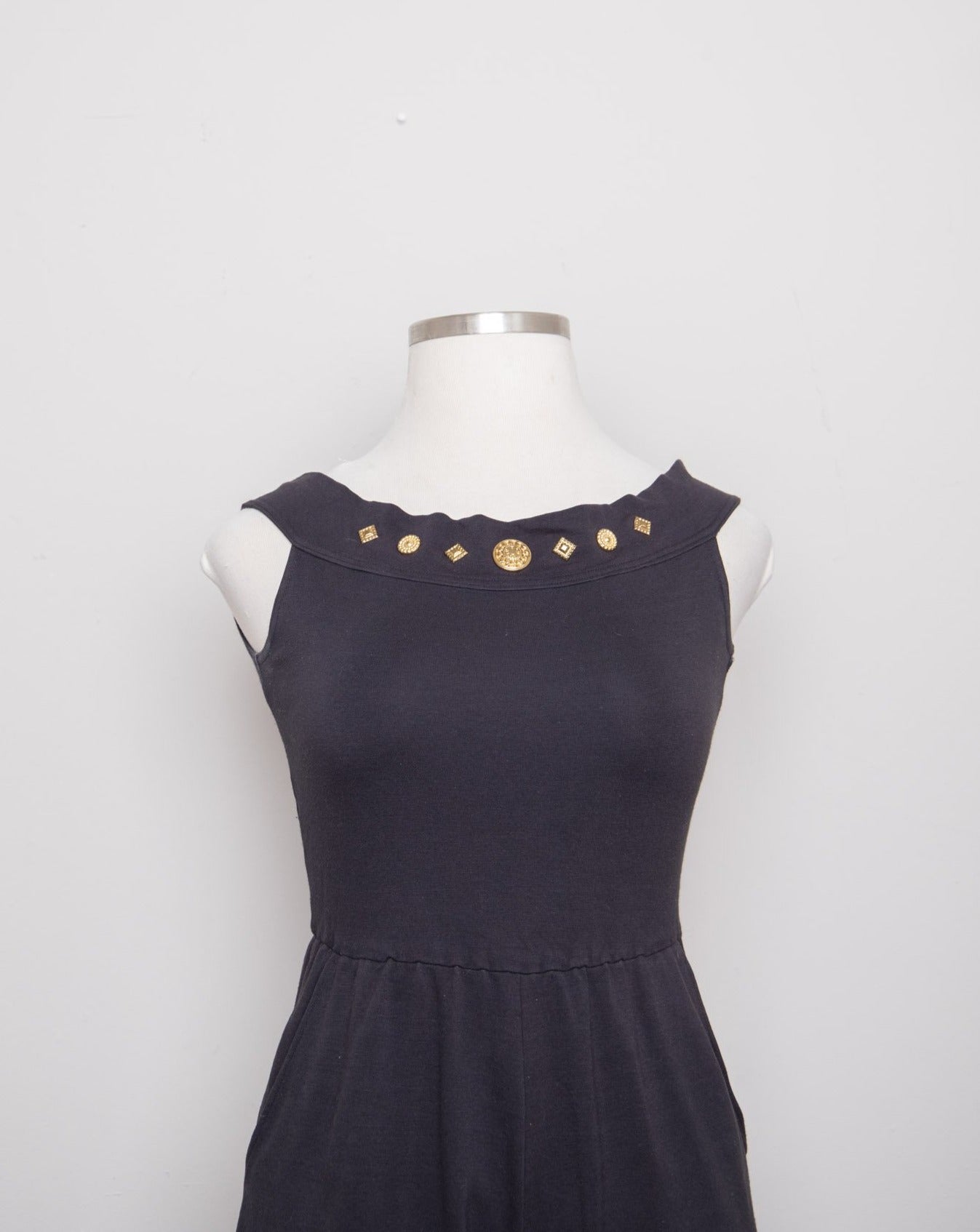 1980-90's Black off the shoulder romper with gold button appliques and Vida Antigua Collective 1980-90's Black off the shoulder romper with gold button appliques and Vida Antigua Collective