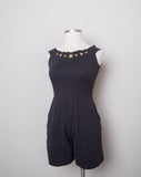 1980-90's Black off the shoulder romper with gold button appliques and pockets