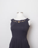 1980-90's Black off the shoulder romper with gold button appliques and pockets