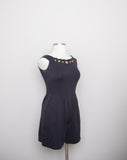 1980-90's Black off the shoulder romper with gold button appliques and pockets