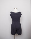 1980-90's Black off the shoulder romper with gold button appliques and pockets