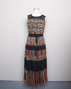 1990's Carole Little Black sleeveless dress with a striped abstract multi colored morrocan inspired print & back opening