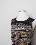 1990's Carole Little Black sleeveless dress with a striped abstract multi colored morrocan inspired print & back opening