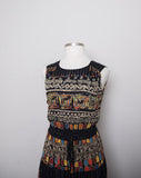 1990's Carole Little Black sleeveless dress with a striped abstract multi colored morrocan inspired print & back opening