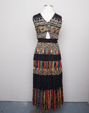 1990's Carole Little Black sleeveless dress with a striped abstract multi colored morrocan inspired print & back opening