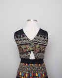 1990's Carole Little Black sleeveless dress with a striped abstract multi colored morrocan inspired print & back opening