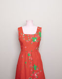 1970's Malia Red sleeveless midi dress with a strawberry & apple print with pockets