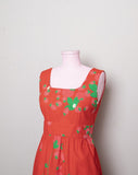 1970's Malia Red sleeveless midi dress with a strawberry & apple print with pockets