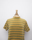 1990's Mustard, Forest Green velour short sleeve striped mock turtleneck top