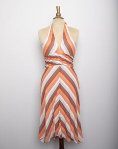 Y2K BCBG Silk Ivory, Brown & Peachy wide chevron striped halter bias cut dress