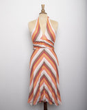 Y2K BCBG Silk Ivory, Brown & Peachy wide chevron striped halter bias cut dress