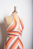 Y2K BCBG Silk Ivory, Brown & Peachy wide chevron striped halter bias cut dress