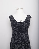 Y2K Black cocktail dress with dainty white scroll print adjustable drawstring neckline