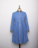 1990's Denim long sleeve button down dress with faux leopard collar and cuffs