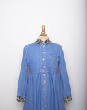 1990's Denim long sleeve button down dress with faux leopard collar and cuffs