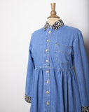 1990's Denim long sleeve button down dress with faux leopard collar and cuffs