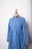 1990's Denim long sleeve button down dress with faux leopard collar and cuffs