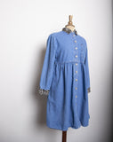 1990's Denim long sleeve button down dress with faux leopard collar and cuffs