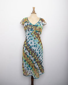 1990's-Y2K Green, Brown and Lime big dot and polka dot printed dress