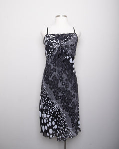 1990's-Y2K Black & White plus size spaghetti strap bias cut floral & polka dot dress